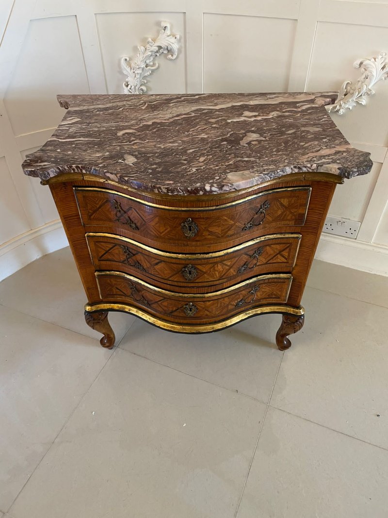 Antique 18th Century Quality Parquetry Inlaid Serpentine Shaped Marble Top Commode Chest - Image 3